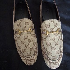 GUCCI Woman's Beige/Brown GG Canvas Horsebit Loafers